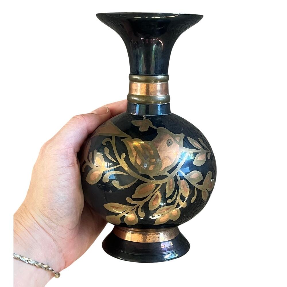 Vintage Black Lacquer Engraved Brass Bud Vase Bird Pomegranate Copper Band India